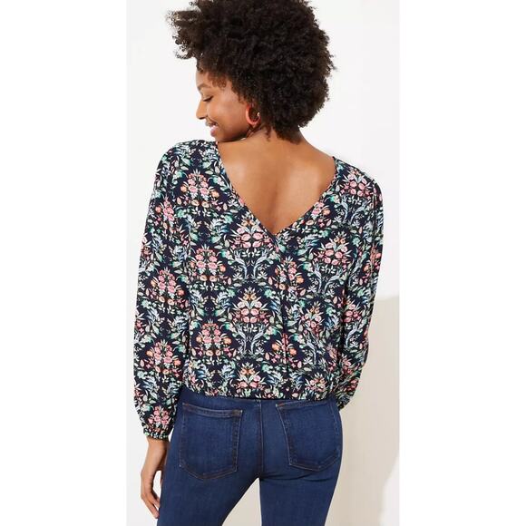 Loft black floral wrap back elasticized hem top Size large Boho Dark Romantic - Picture 2 of 11